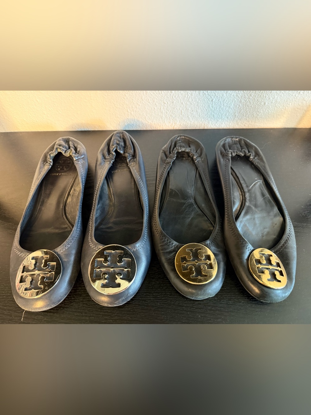 Tory Burch Reva Ballet Flats Bundle 2 Pairs Size 8 Black Leather Gold Logo